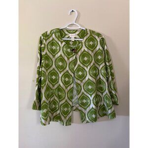Chico's Womens Size 3 US Size 16 Green Ikat Linen Blazer Jacket One Button Pocke
